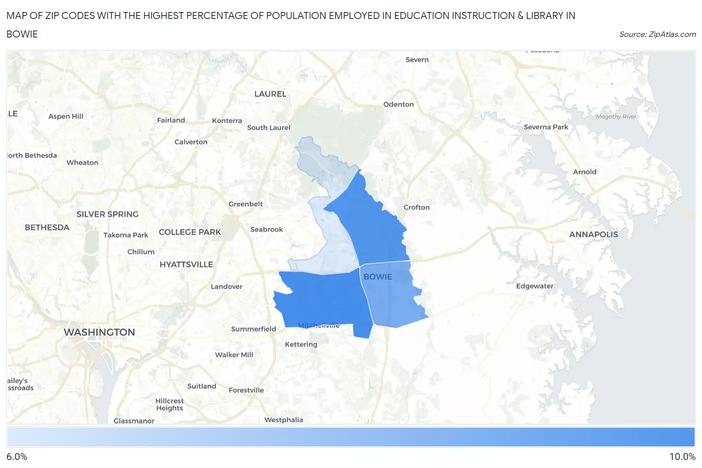 Zip Codes with the Highest Percentage of Population Employed in Education Instruction & Library in Bowie Map