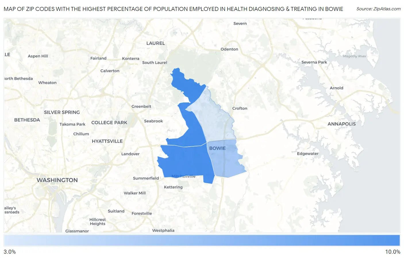 Zip Codes with the Highest Percentage of Population Employed in Health Diagnosing & Treating in Bowie Map