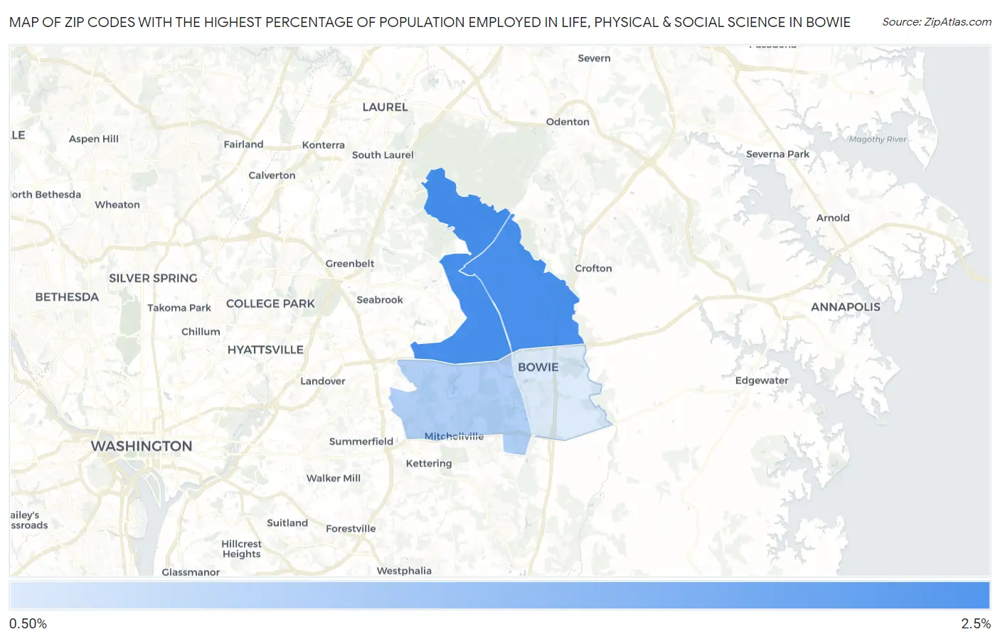 Zip Codes with the Highest Percentage of Population Employed in Life, Physical & Social Science in Bowie Map