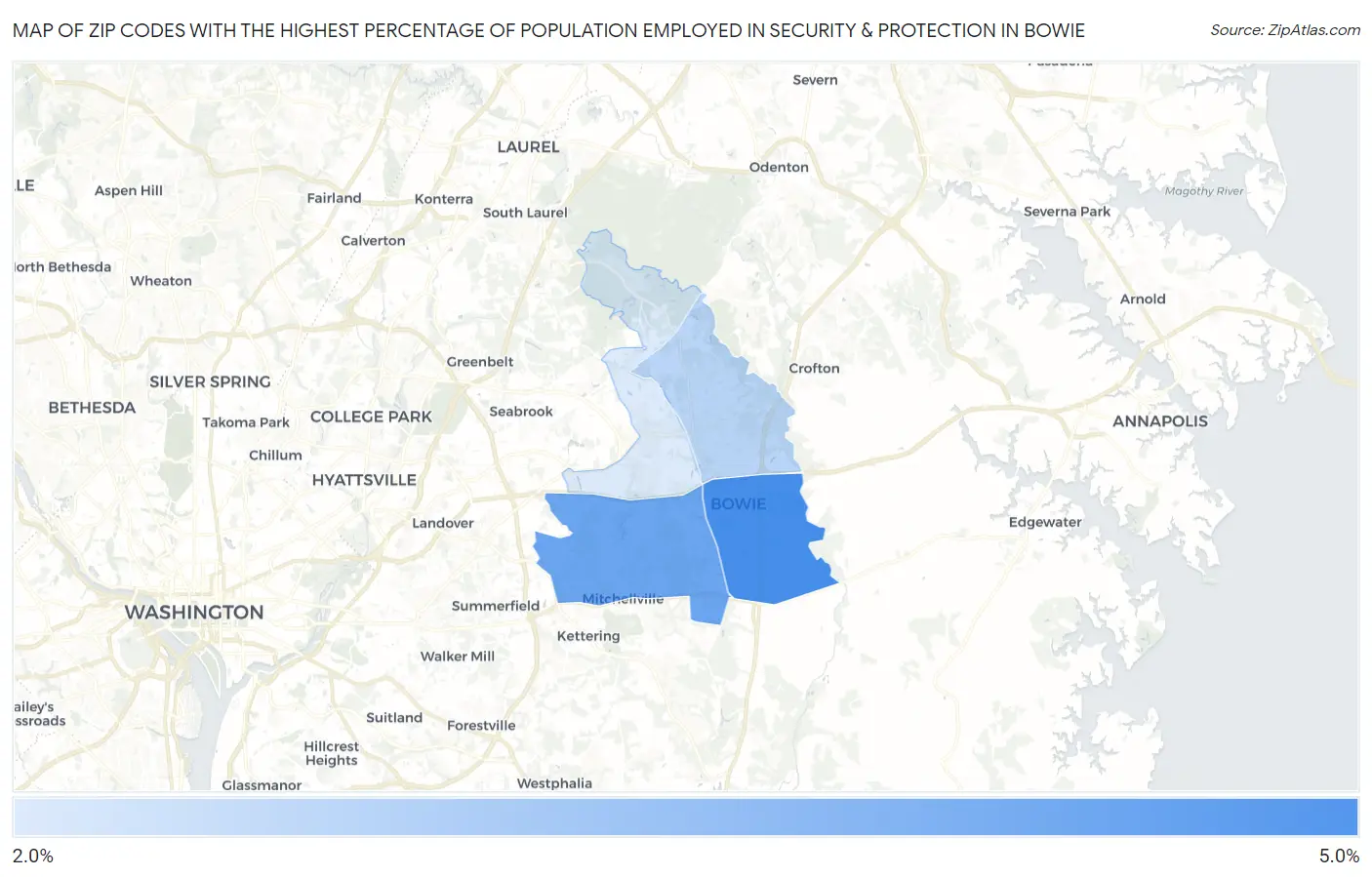 Zip Codes with the Highest Percentage of Population Employed in Security & Protection in Bowie Map