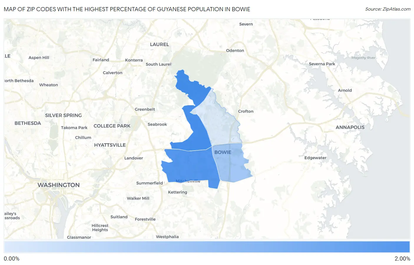 Zip Codes with the Highest Percentage of Guyanese Population in Bowie Map