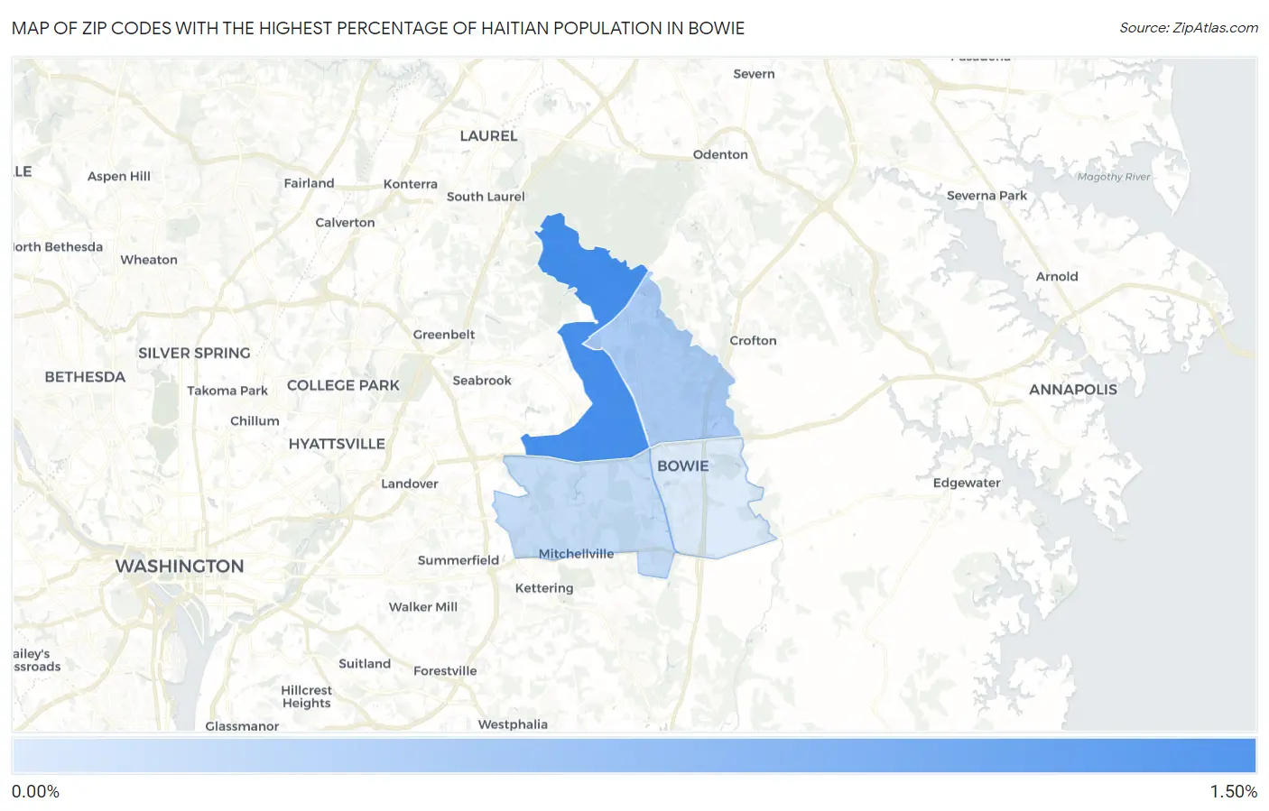 Zip Codes with the Highest Percentage of Haitian Population in Bowie Map