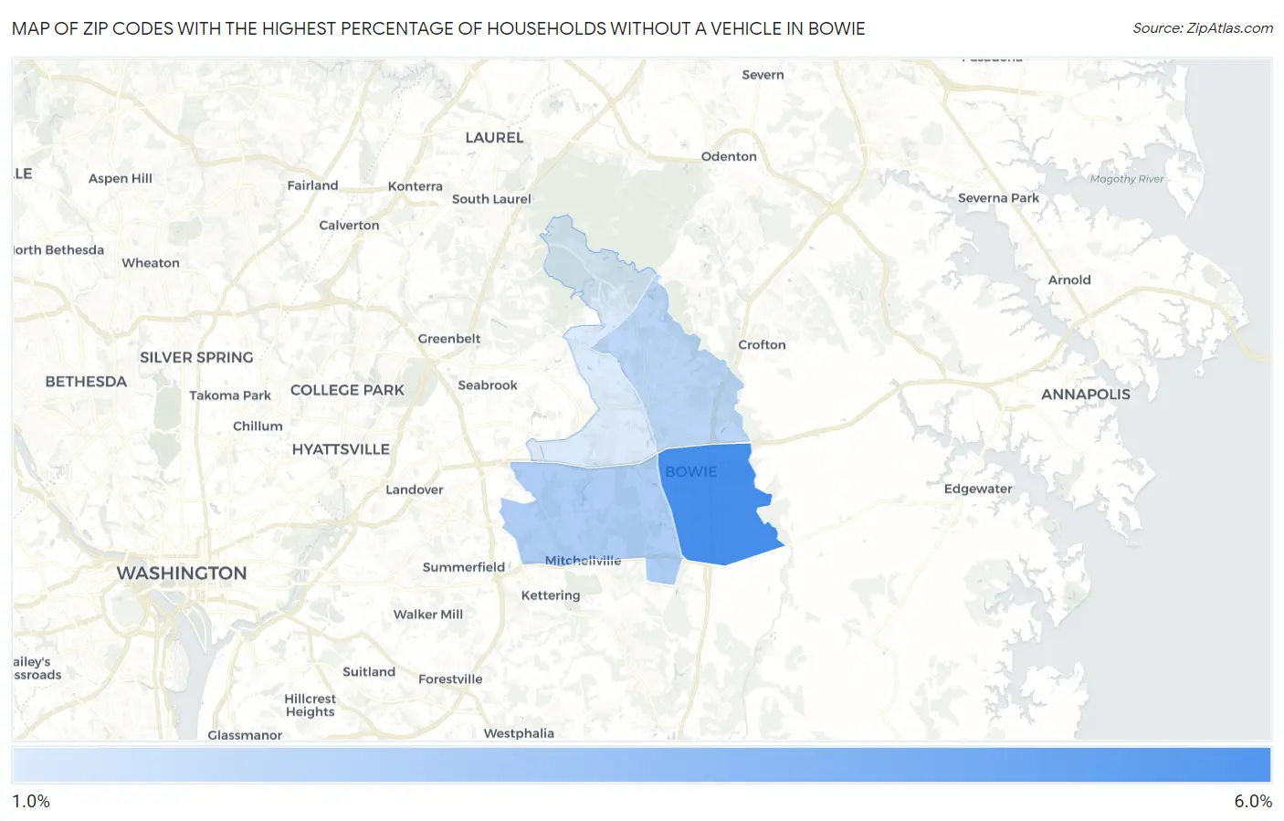Zip Codes with the Highest Percentage of Households Without a Vehicle in Bowie Map