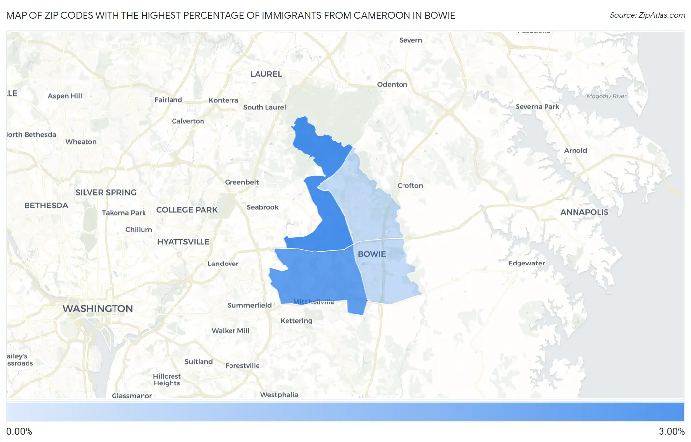 Zip Codes with the Highest Percentage of Immigrants from Cameroon in Bowie Map