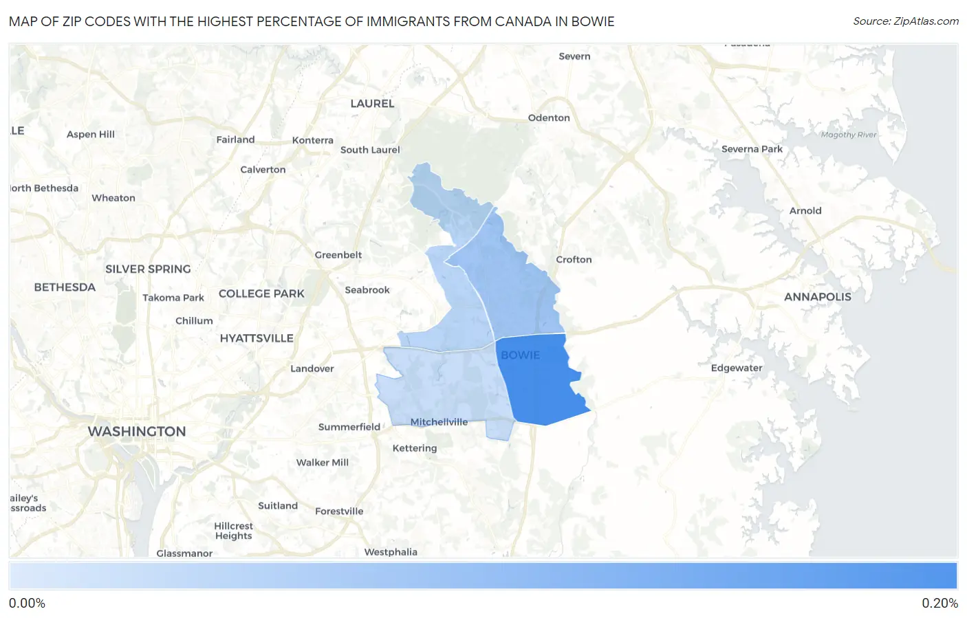 Zip Codes with the Highest Percentage of Immigrants from Canada in Bowie Map