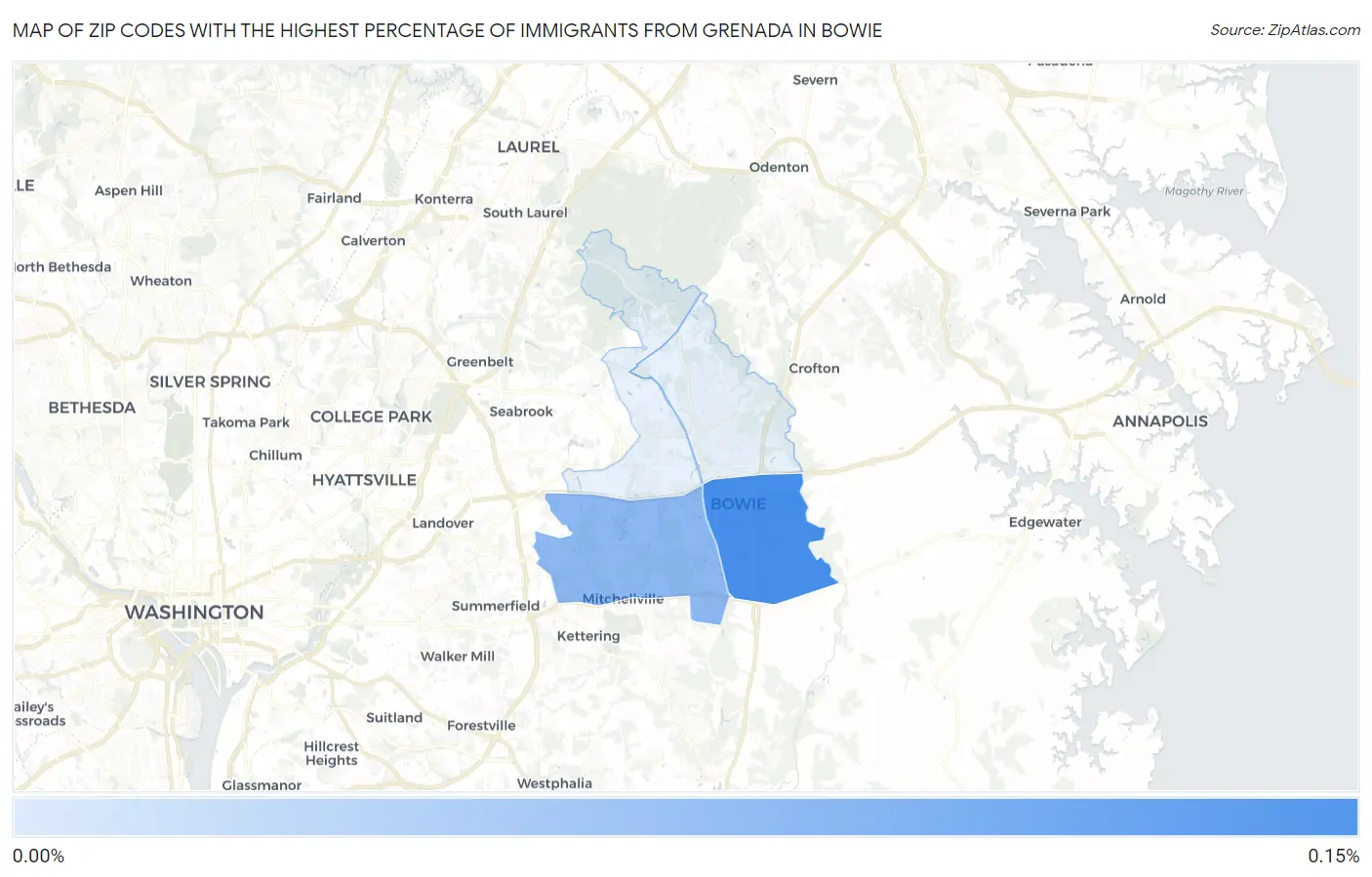 Zip Codes with the Highest Percentage of Immigrants from Grenada in Bowie Map