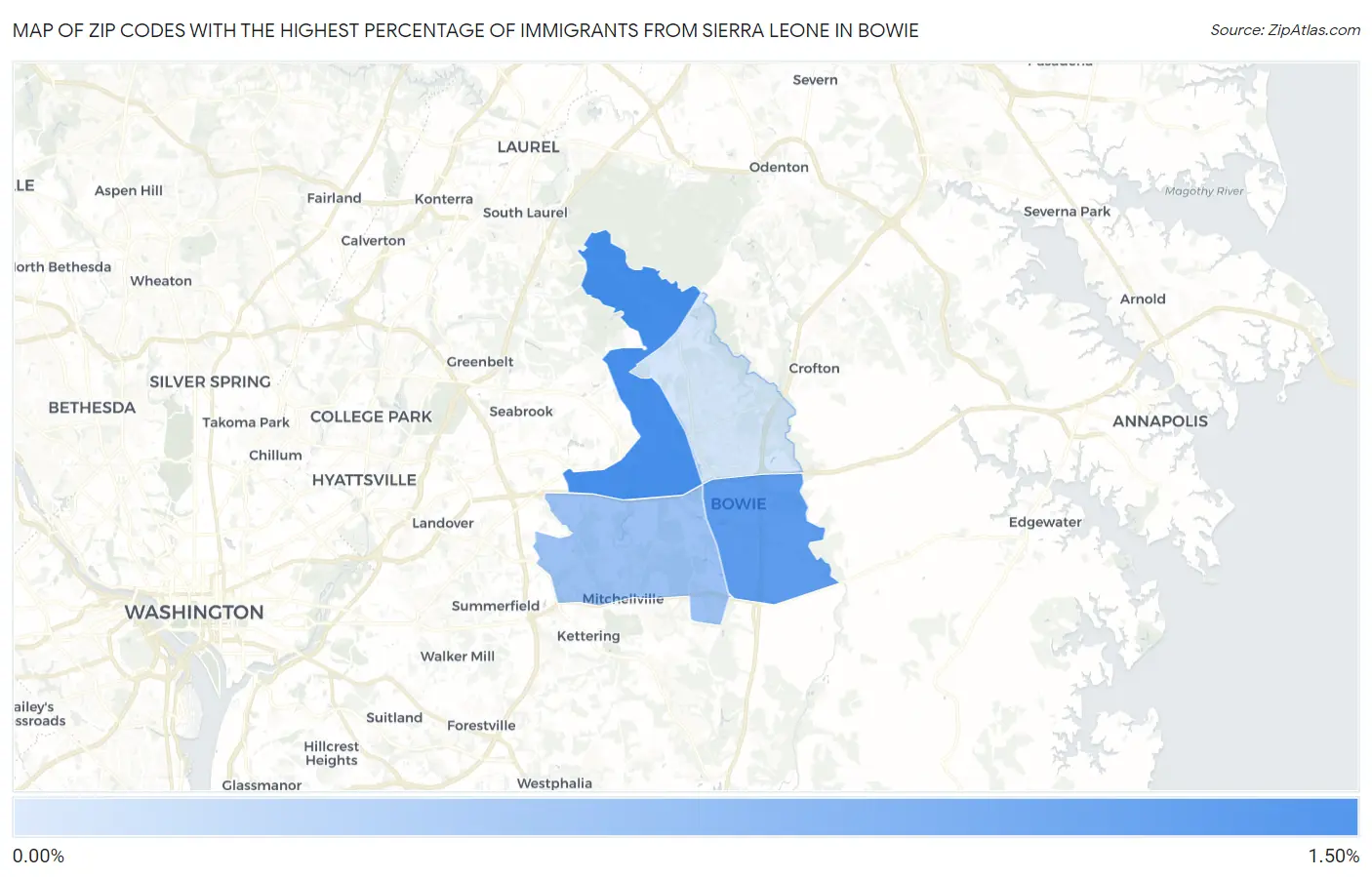 Zip Codes with the Highest Percentage of Immigrants from Sierra Leone in Bowie Map