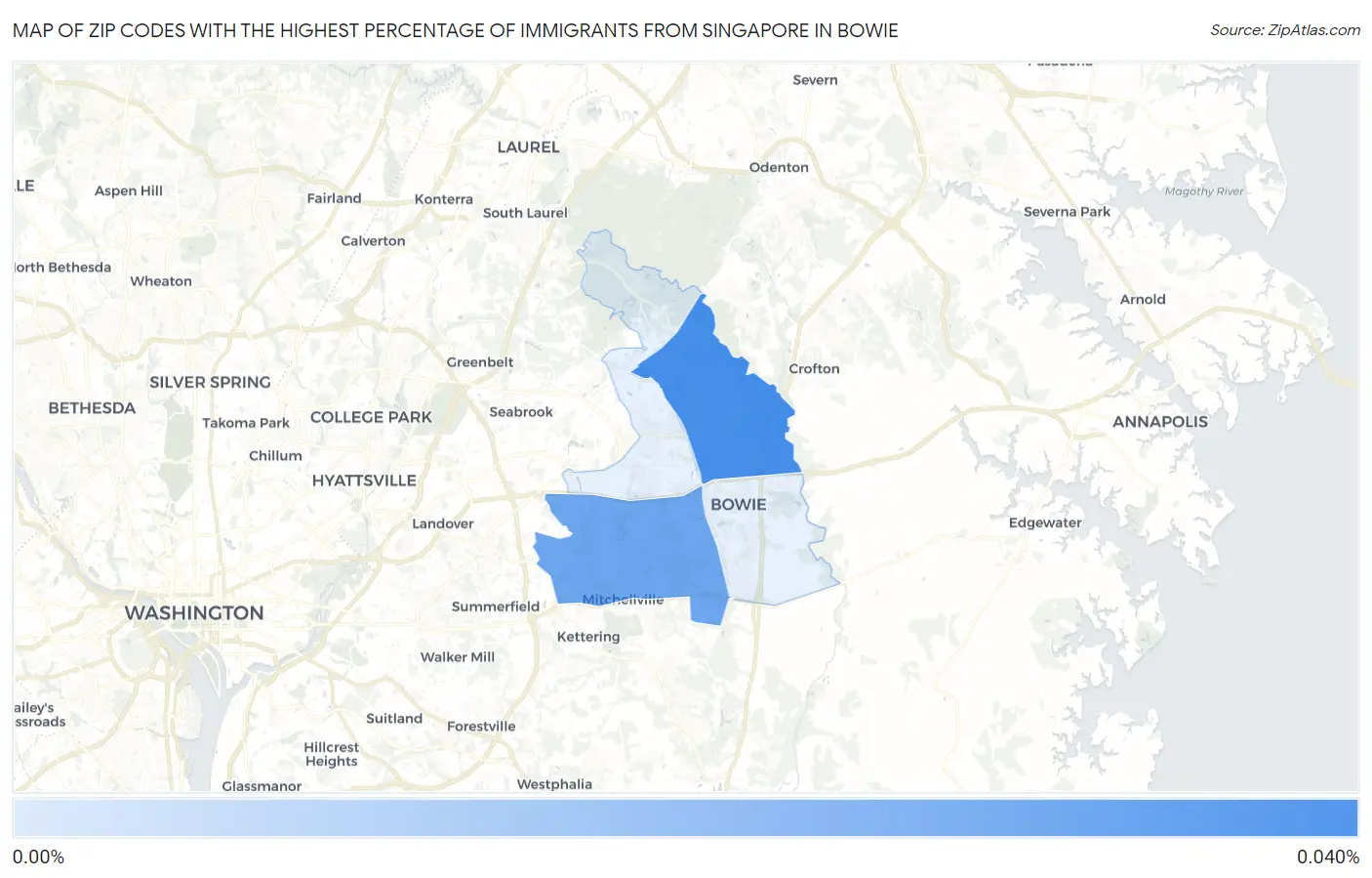 Zip Codes with the Highest Percentage of Immigrants from Singapore in Bowie Map
