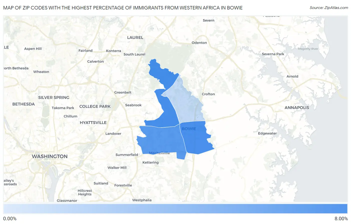 Zip Codes with the Highest Percentage of Immigrants from Western Africa in Bowie Map