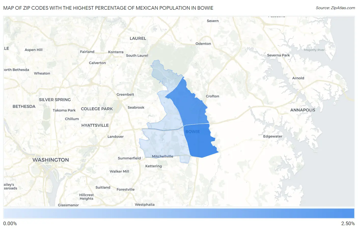Zip Codes with the Highest Percentage of Mexican Population in Bowie Map