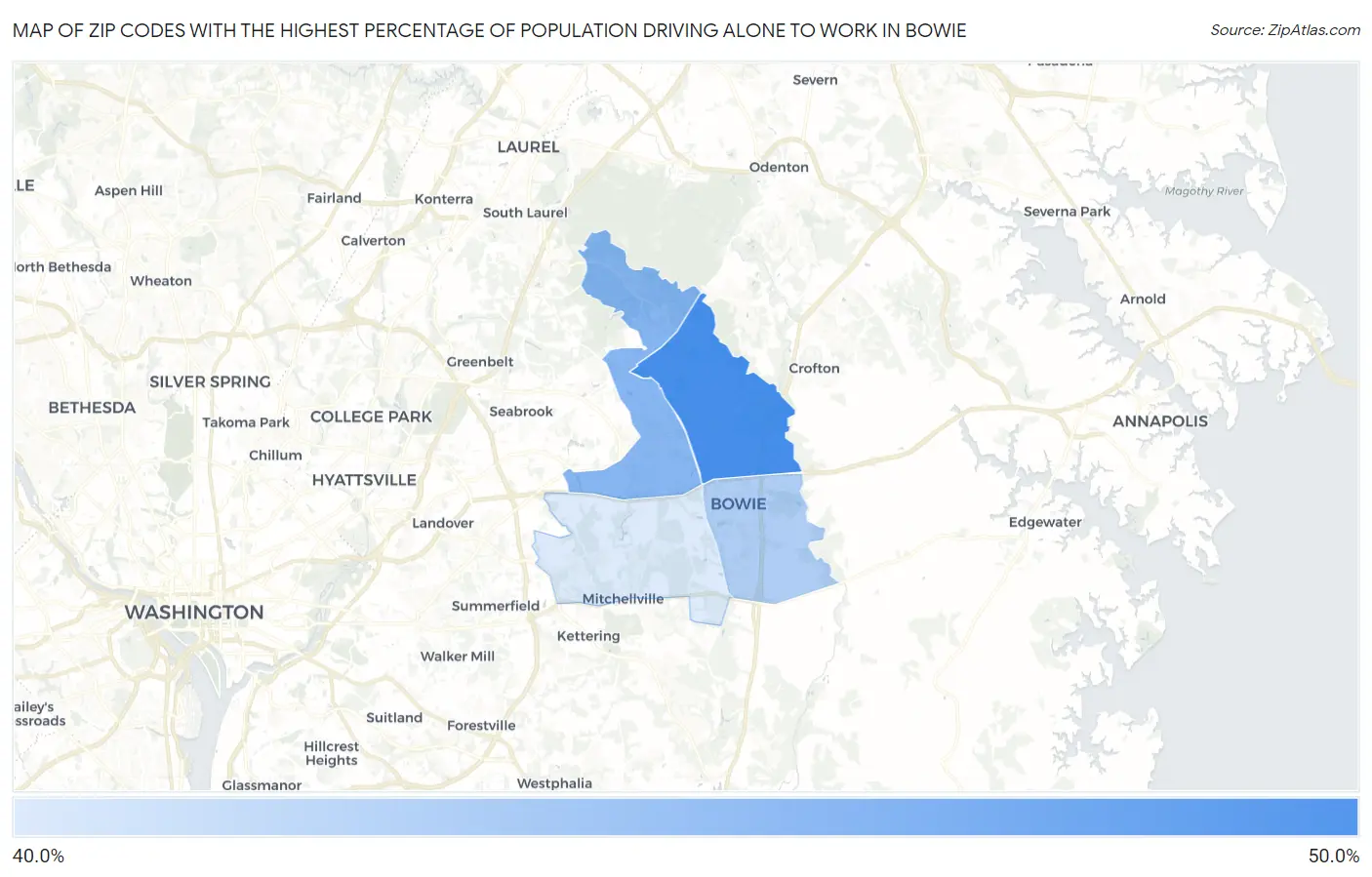 Zip Codes with the Highest Percentage of Population Driving Alone to Work in Bowie Map