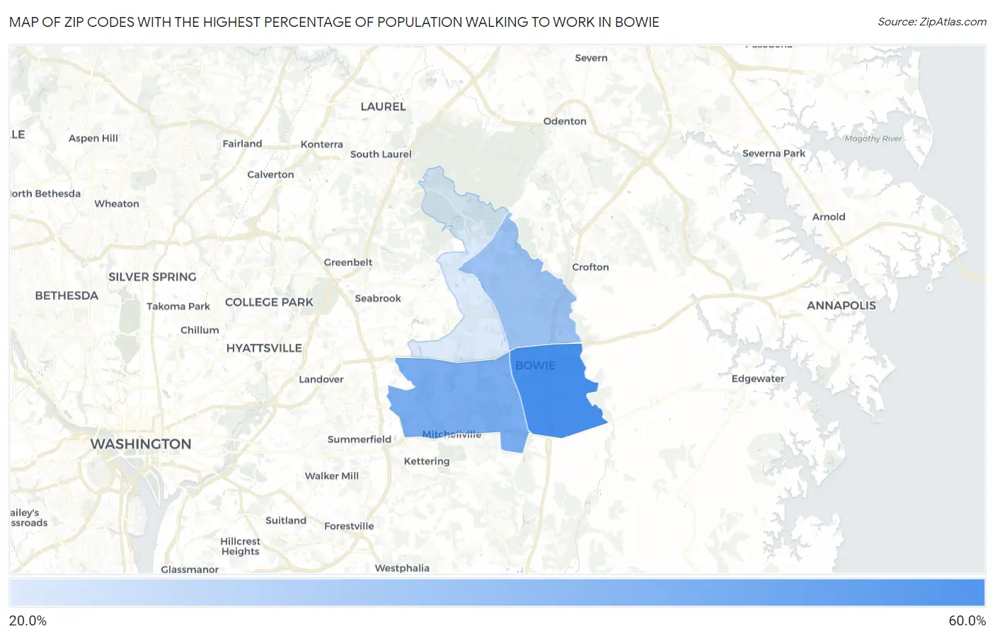 Zip Codes with the Highest Percentage of Population Walking to Work in Bowie Map