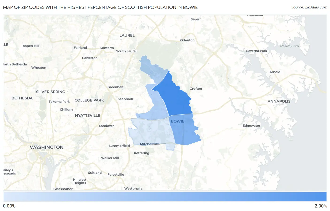 Zip Codes with the Highest Percentage of Scottish Population in Bowie Map