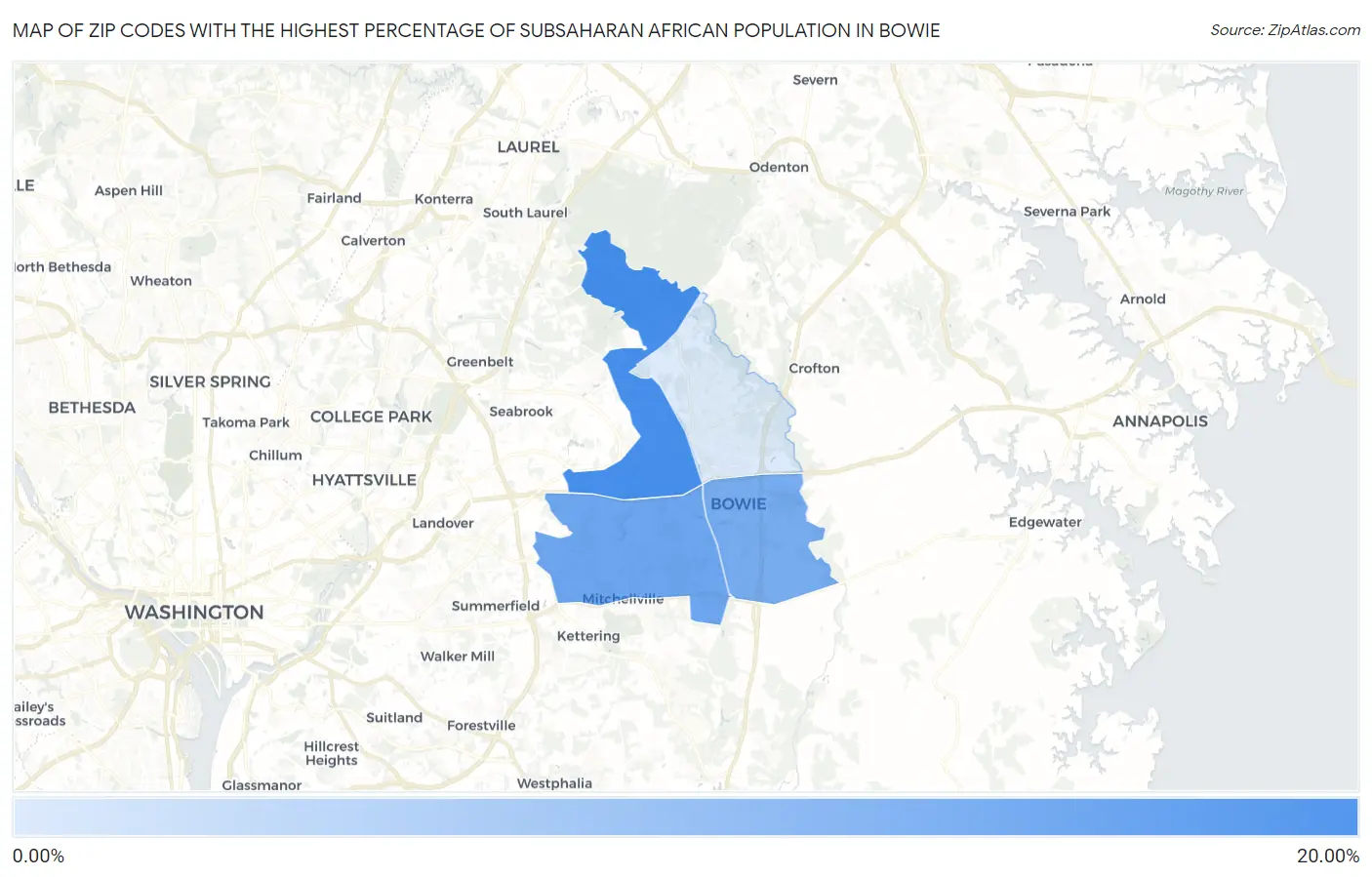 Zip Codes with the Highest Percentage of Subsaharan African Population in Bowie Map