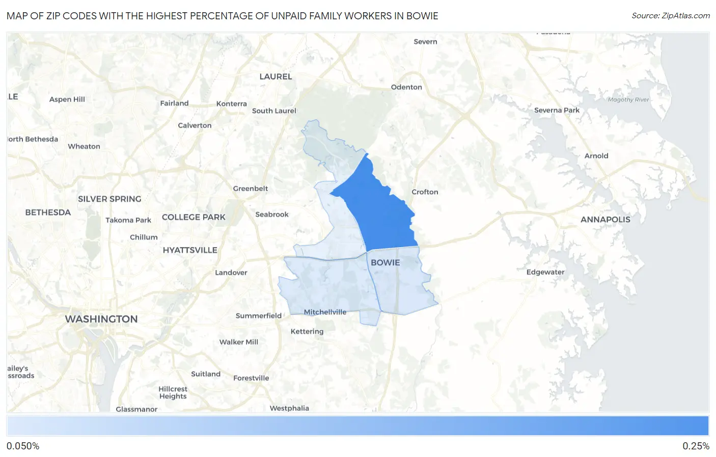 Zip Codes with the Highest Percentage of Unpaid Family Workers in Bowie Map