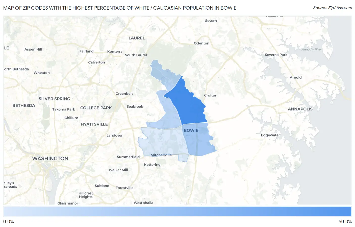 Zip Codes with the Highest Percentage of White / Caucasian Population in Bowie Map