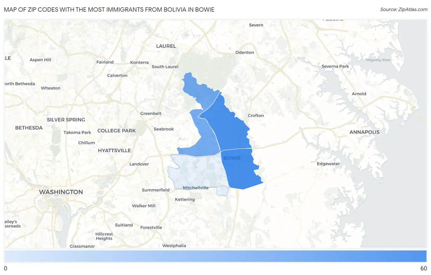 Zip Codes with the Most Immigrants from Bolivia in Bowie Map