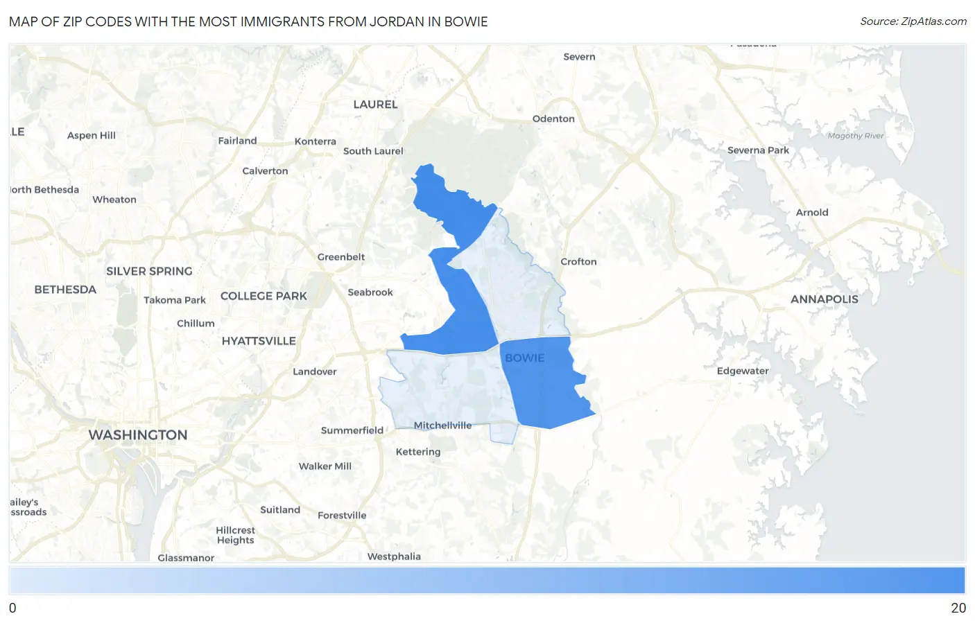 Zip Codes with the Most Immigrants from Jordan in Bowie Map