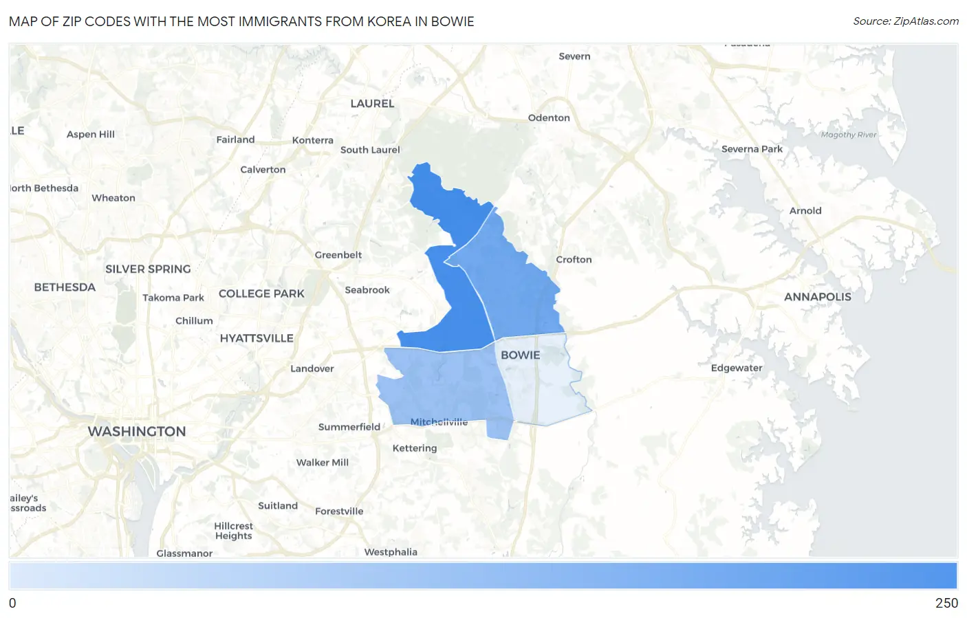 Zip Codes with the Most Immigrants from Korea in Bowie Map