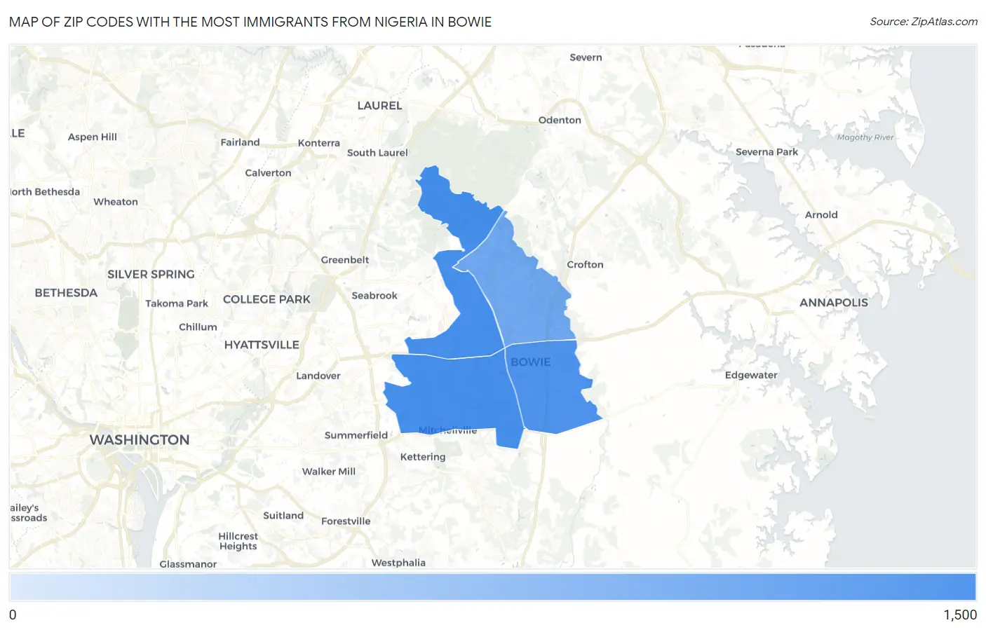 Zip Codes with the Most Immigrants from Nigeria in Bowie Map