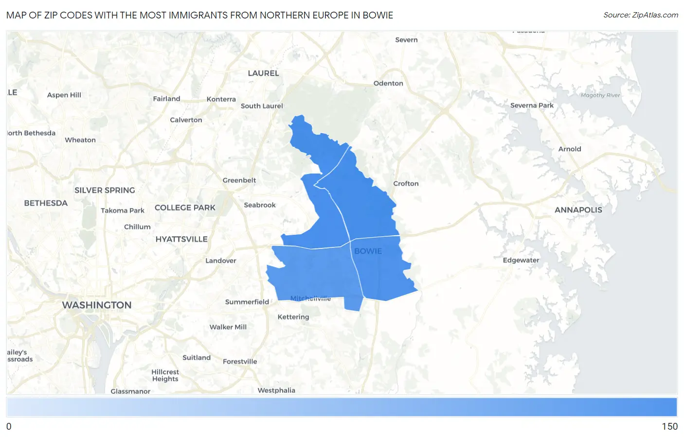 Zip Codes with the Most Immigrants from Northern Europe in Bowie Map