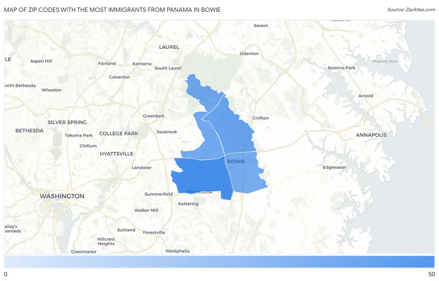 Zip Codes with the Most Immigrants from Panama in Bowie Map
