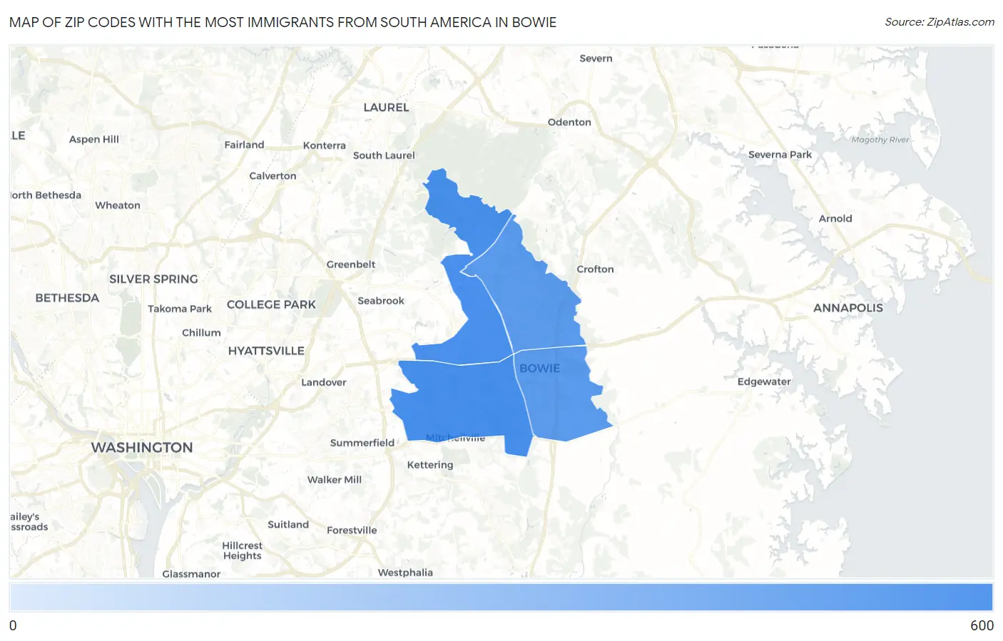 Zip Codes with the Most Immigrants from South America in Bowie Map