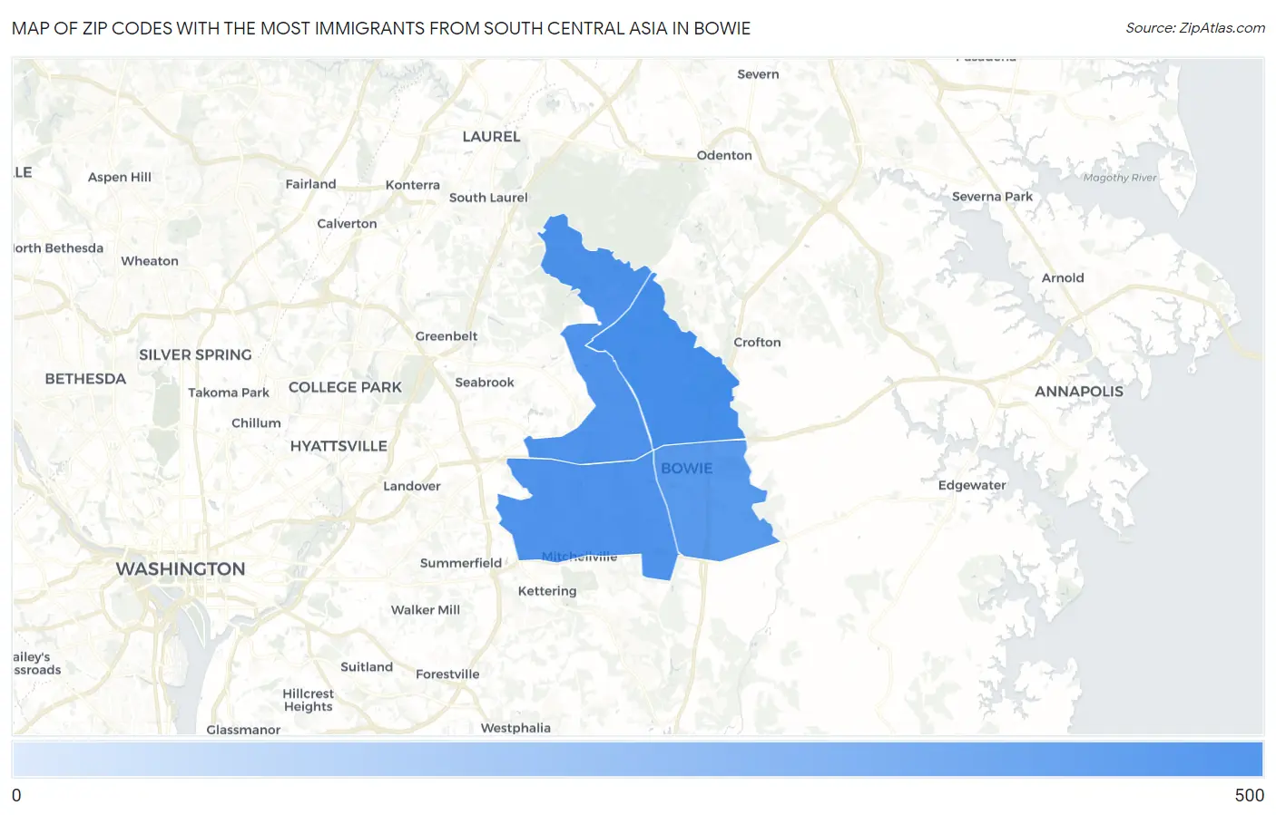 Zip Codes with the Most Immigrants from South Central Asia in Bowie Map