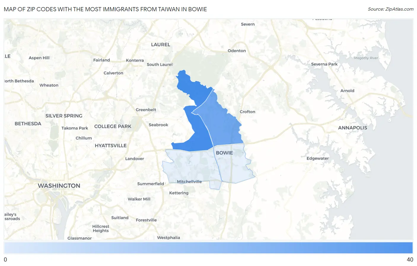 Zip Codes with the Most Immigrants from Taiwan in Bowie Map