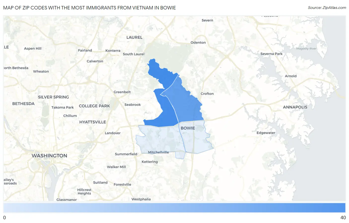 Zip Codes with the Most Immigrants from Vietnam in Bowie Map