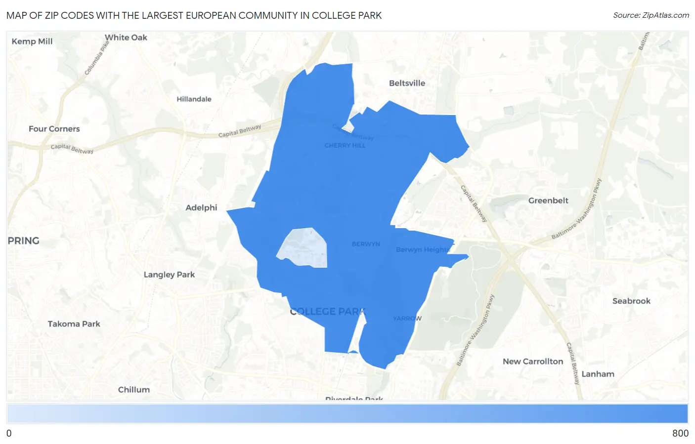 Zip Codes with the Largest European Community in College Park Map
