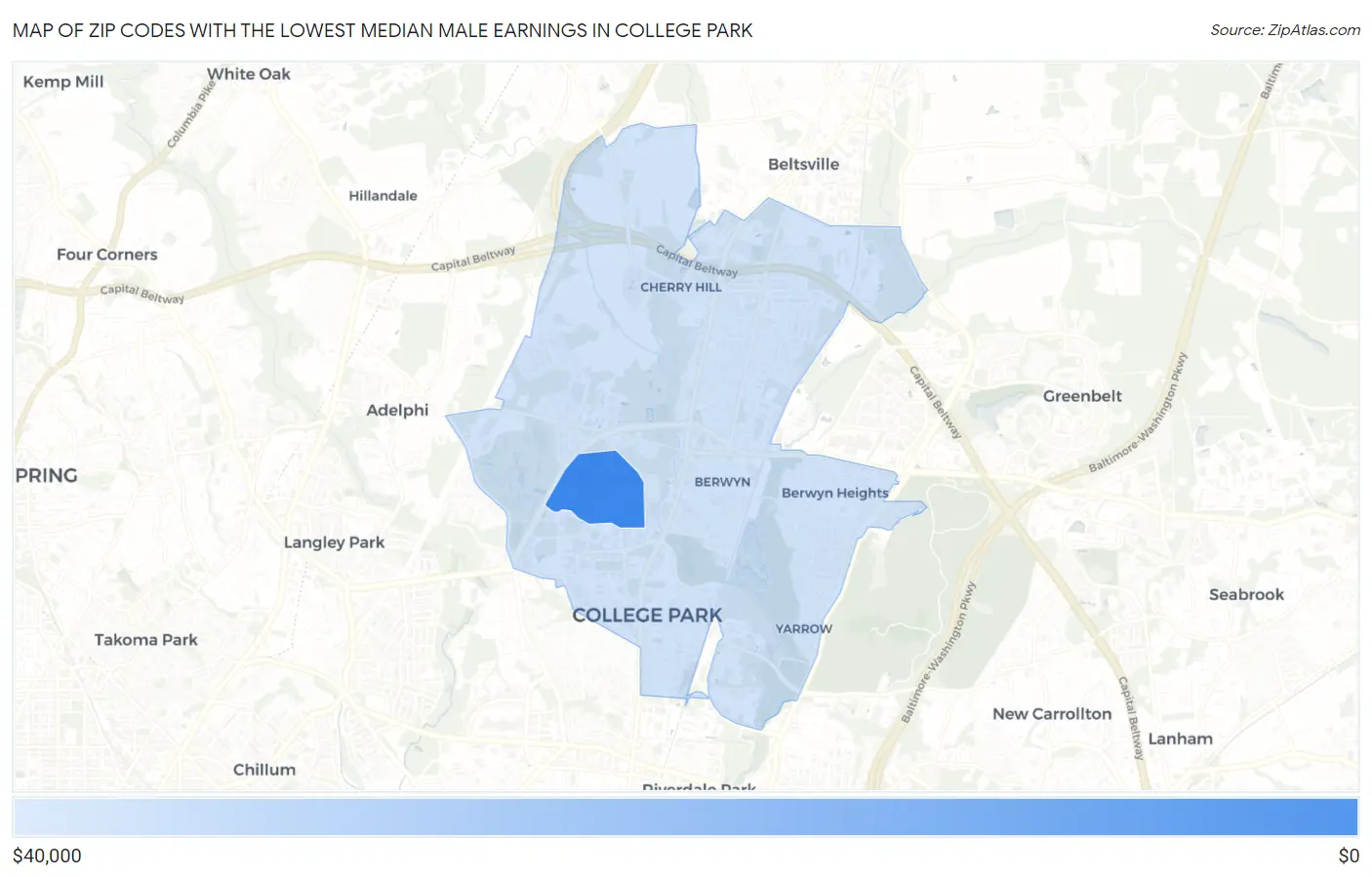 Zip Codes with the Lowest Median Male Earnings in College Park Map