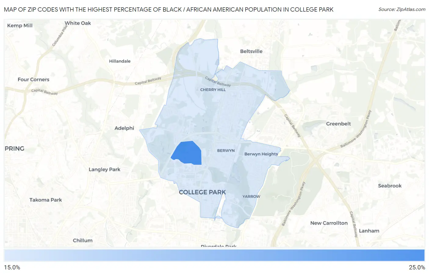 Zip Codes with the Highest Percentage of Black / African American Population in College Park Map