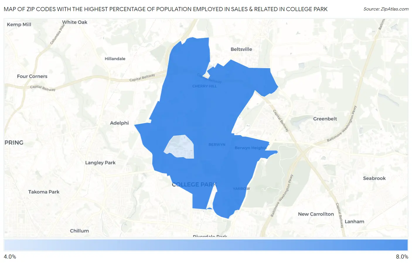 Zip Codes with the Highest Percentage of Population Employed in Sales & Related in College Park Map