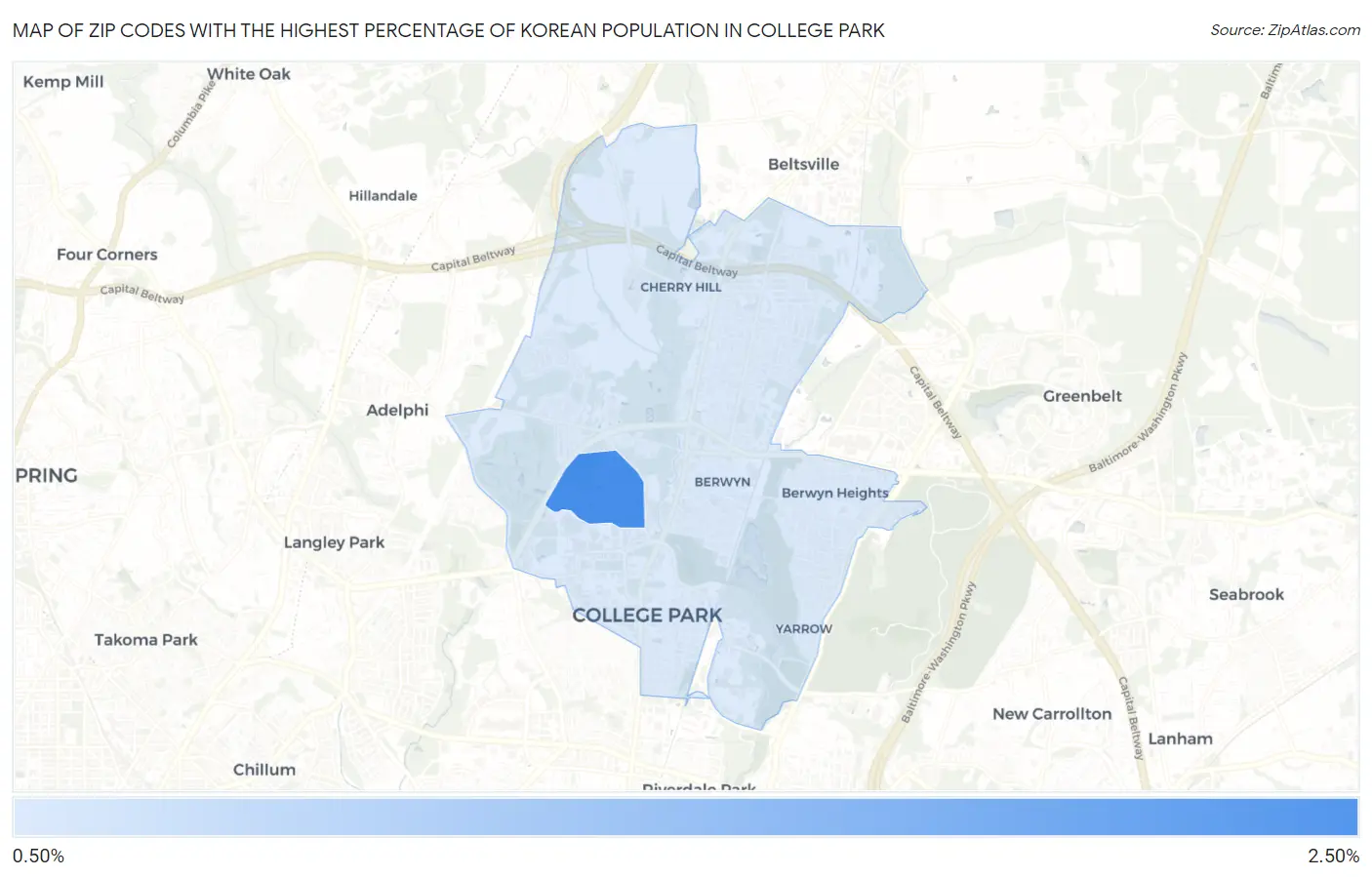 Zip Codes with the Highest Percentage of Korean Population in College Park Map