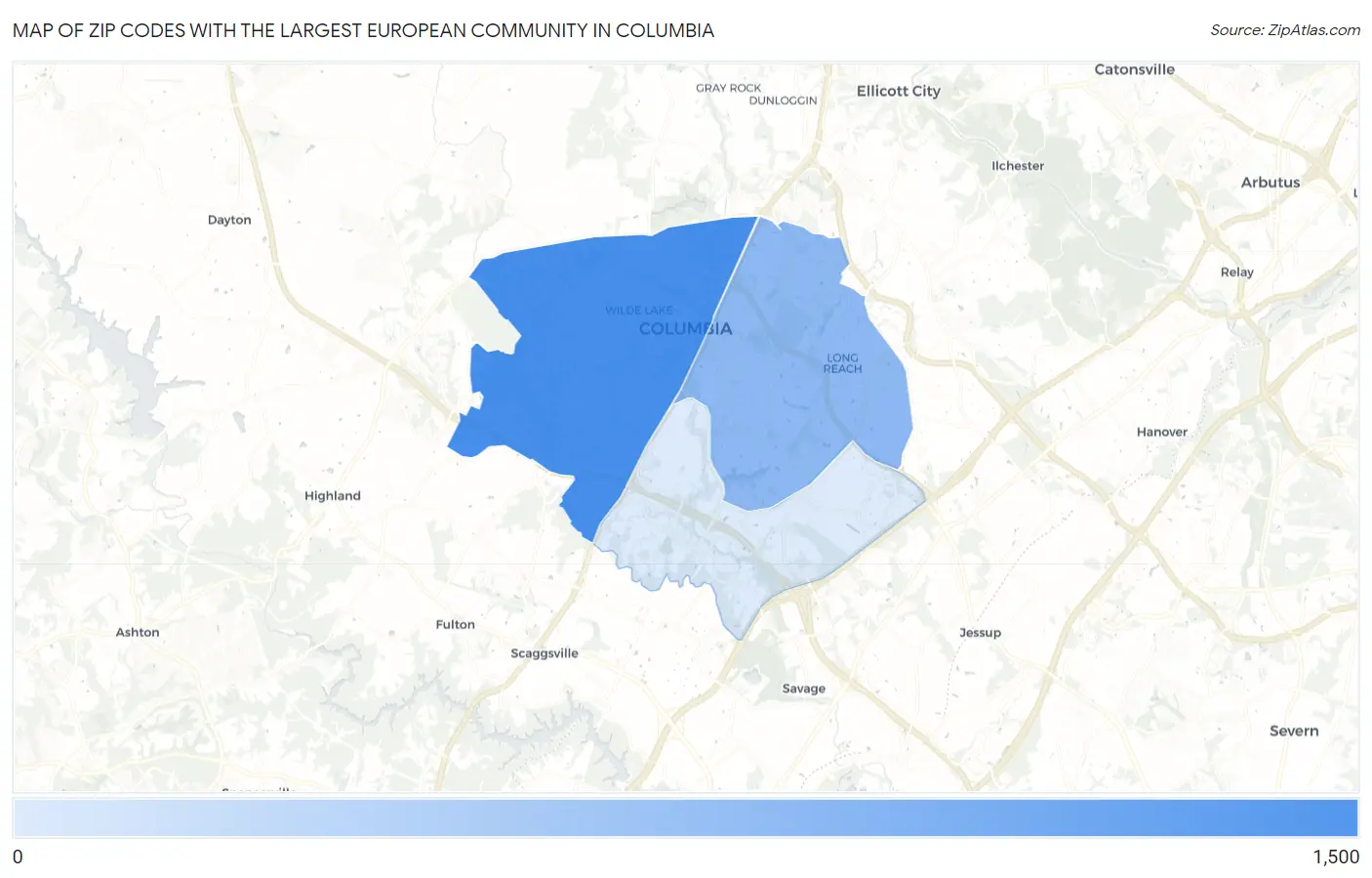 Zip Codes with the Largest European Community in Columbia Map