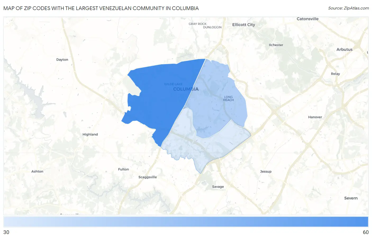 Zip Codes with the Largest Venezuelan Community in Columbia Map
