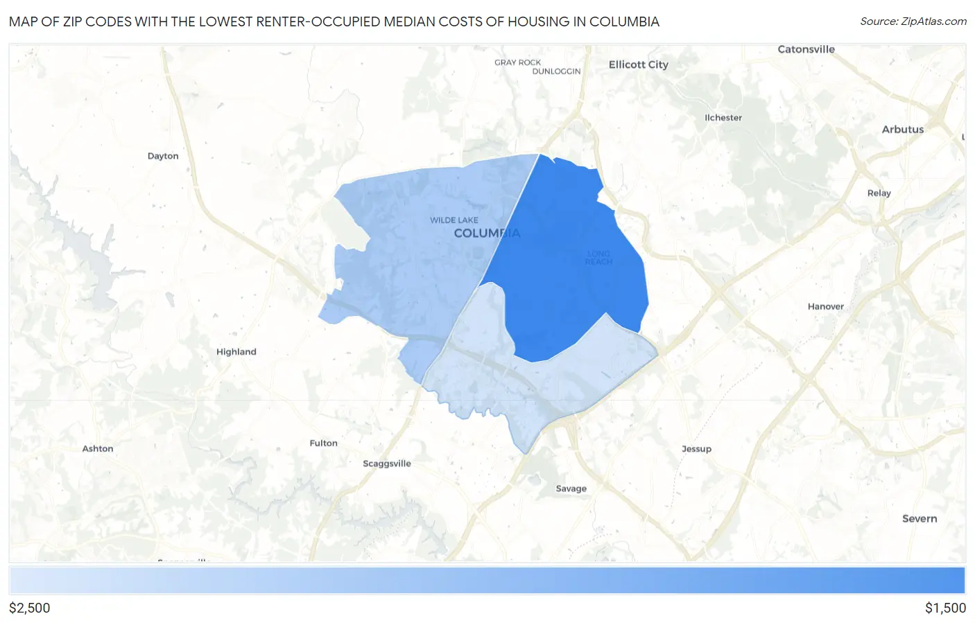 Zip Codes with the Lowest Renter-Occupied Median Costs of Housing in Columbia Map