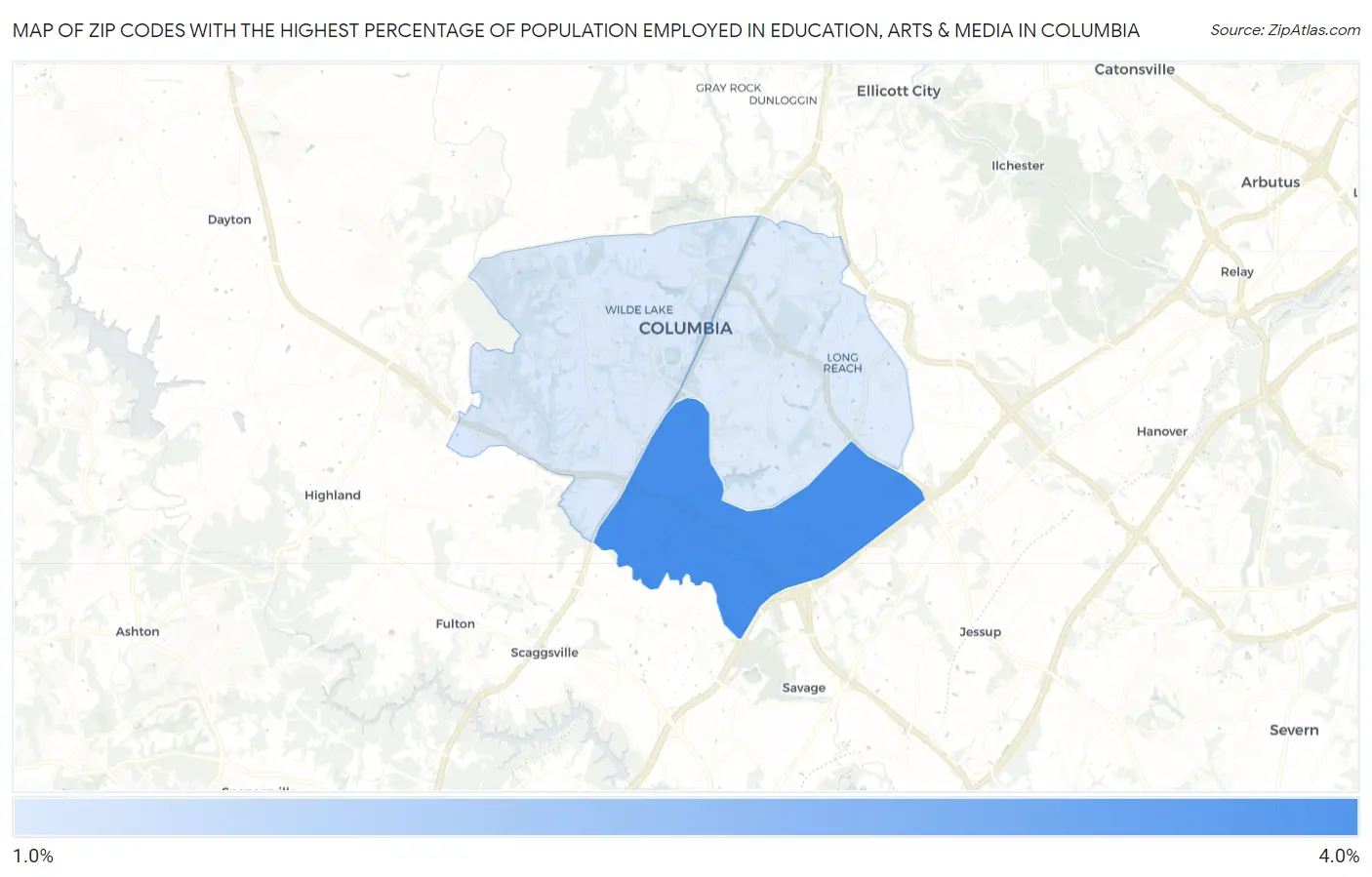 Zip Codes with the Highest Percentage of Population Employed in Education, Arts & Media in Columbia Map