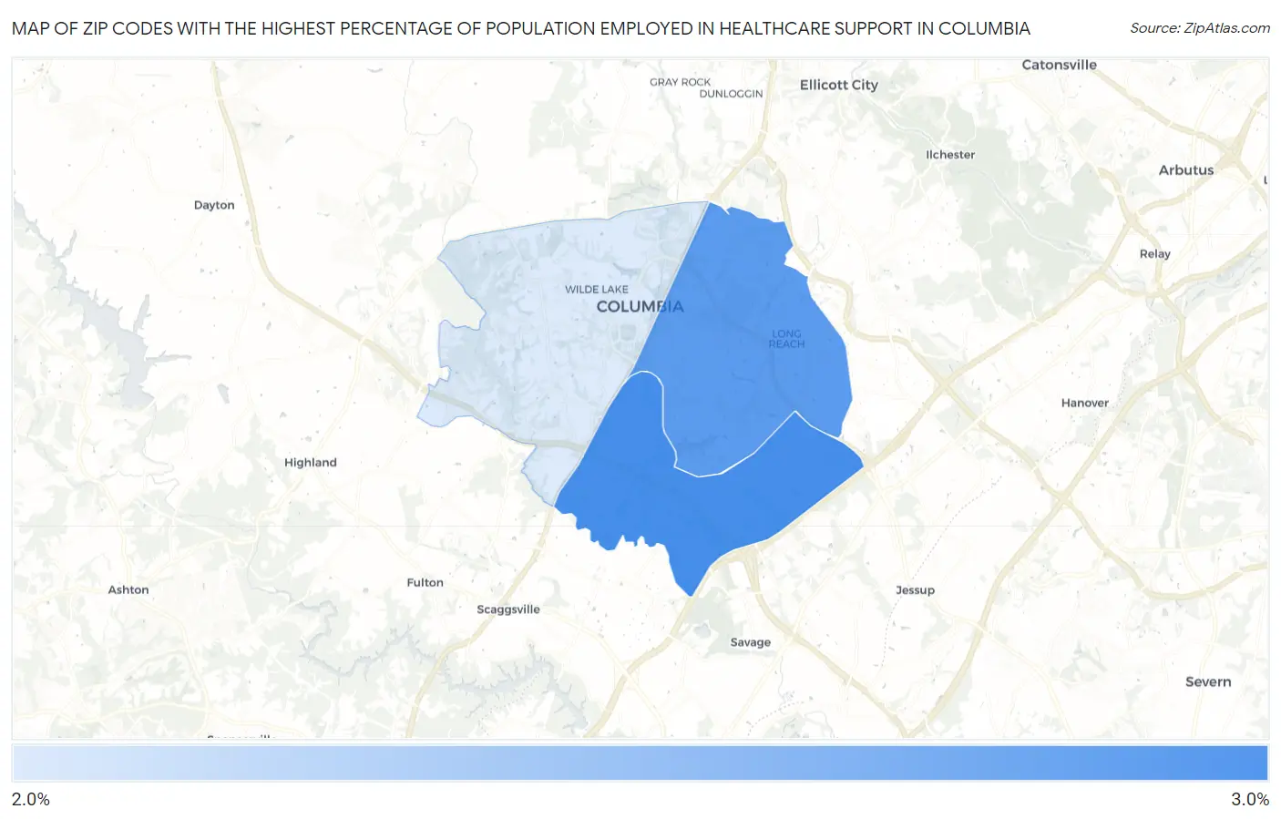Zip Codes with the Highest Percentage of Population Employed in Healthcare Support in Columbia Map