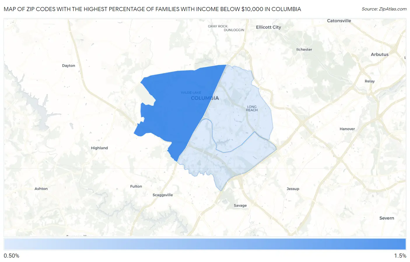 Zip Codes with the Highest Percentage of Families with Income Below $10,000 in Columbia Map