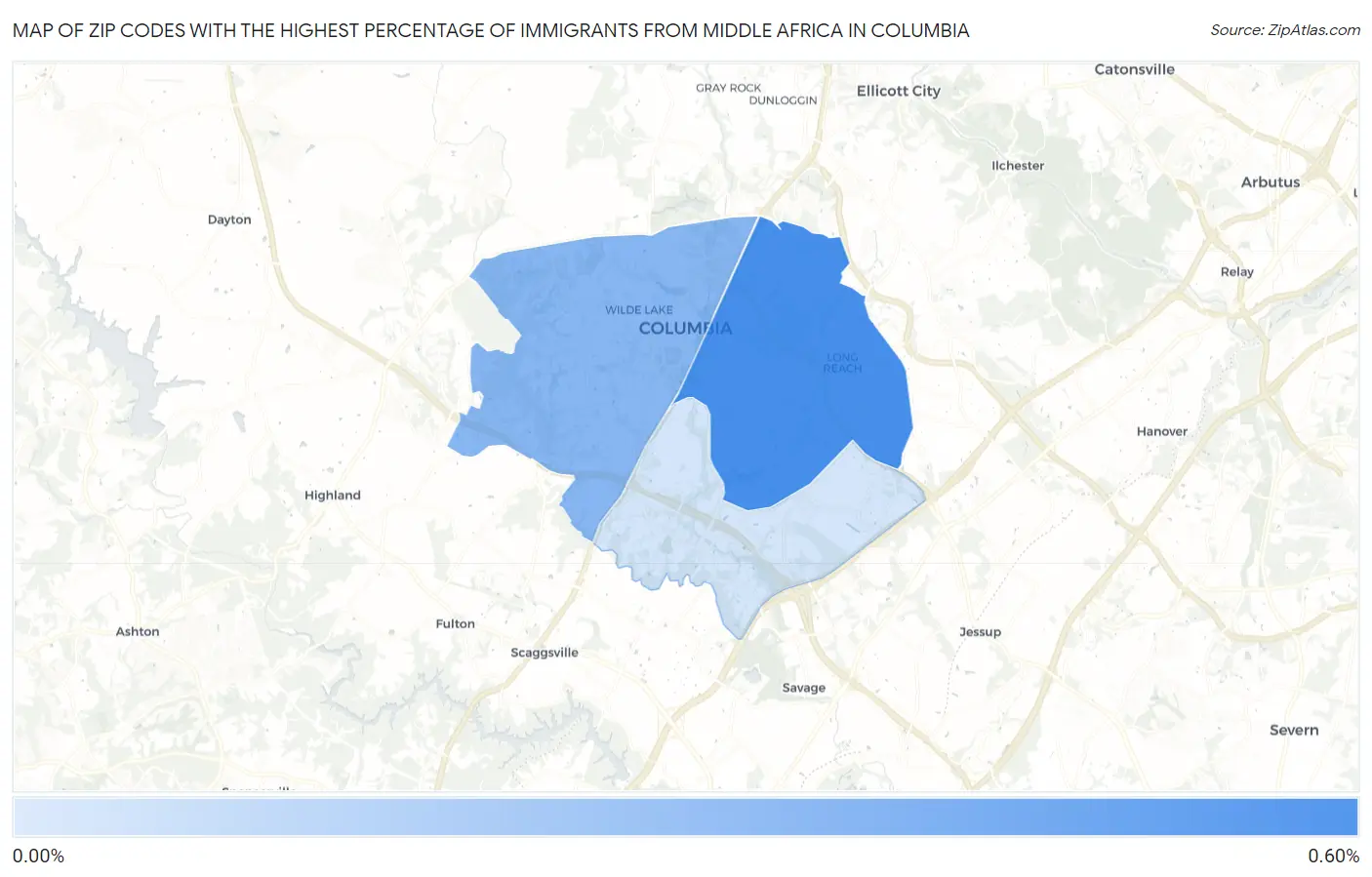 Zip Codes with the Highest Percentage of Immigrants from Middle Africa in Columbia Map