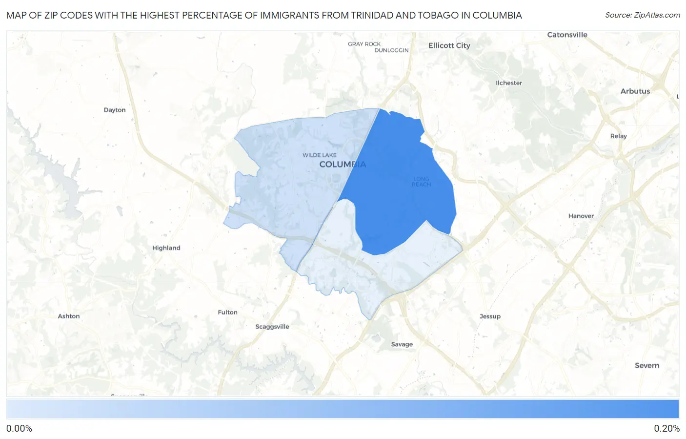 Zip Codes with the Highest Percentage of Immigrants from Trinidad and Tobago in Columbia Map