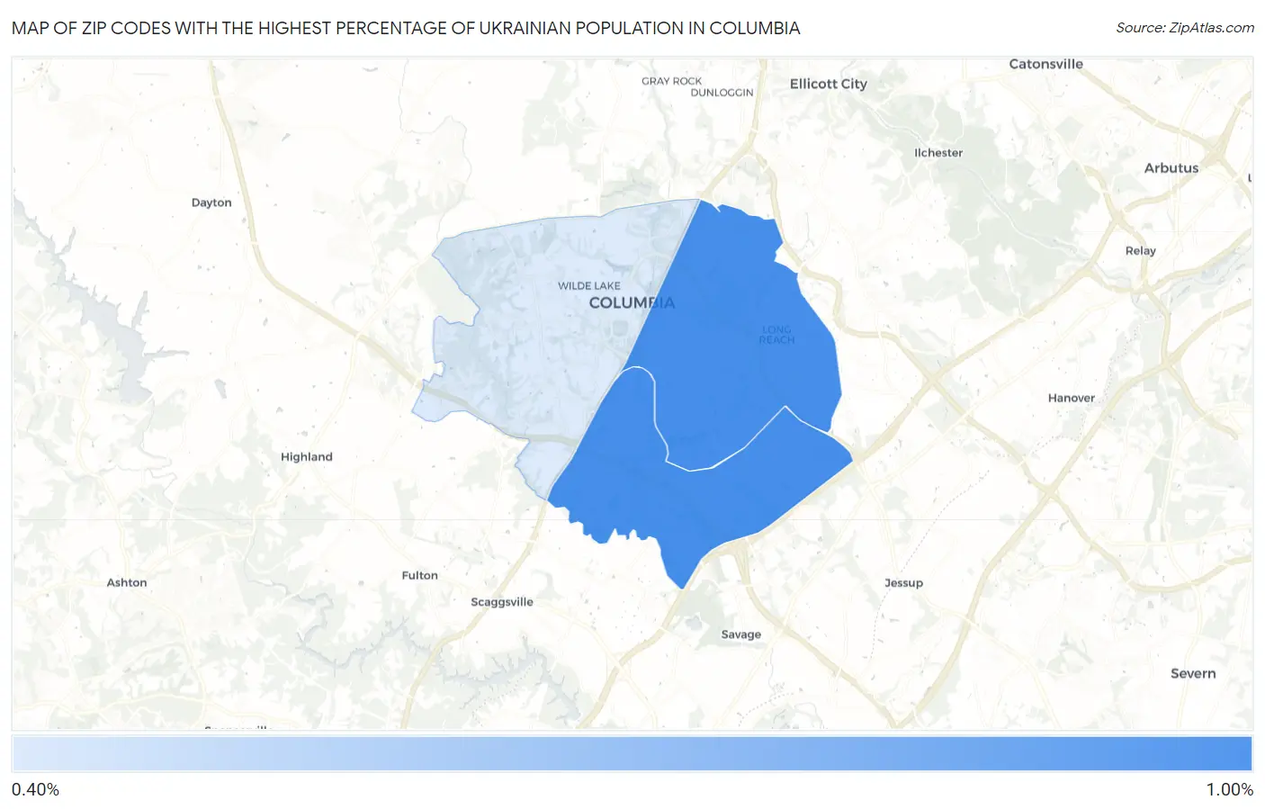 Zip Codes with the Highest Percentage of Ukrainian Population in Columbia Map