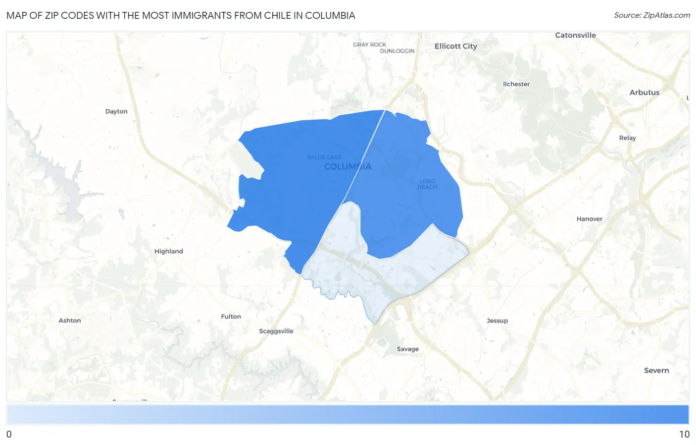 Zip Codes with the Most Immigrants from Chile in Columbia Map
