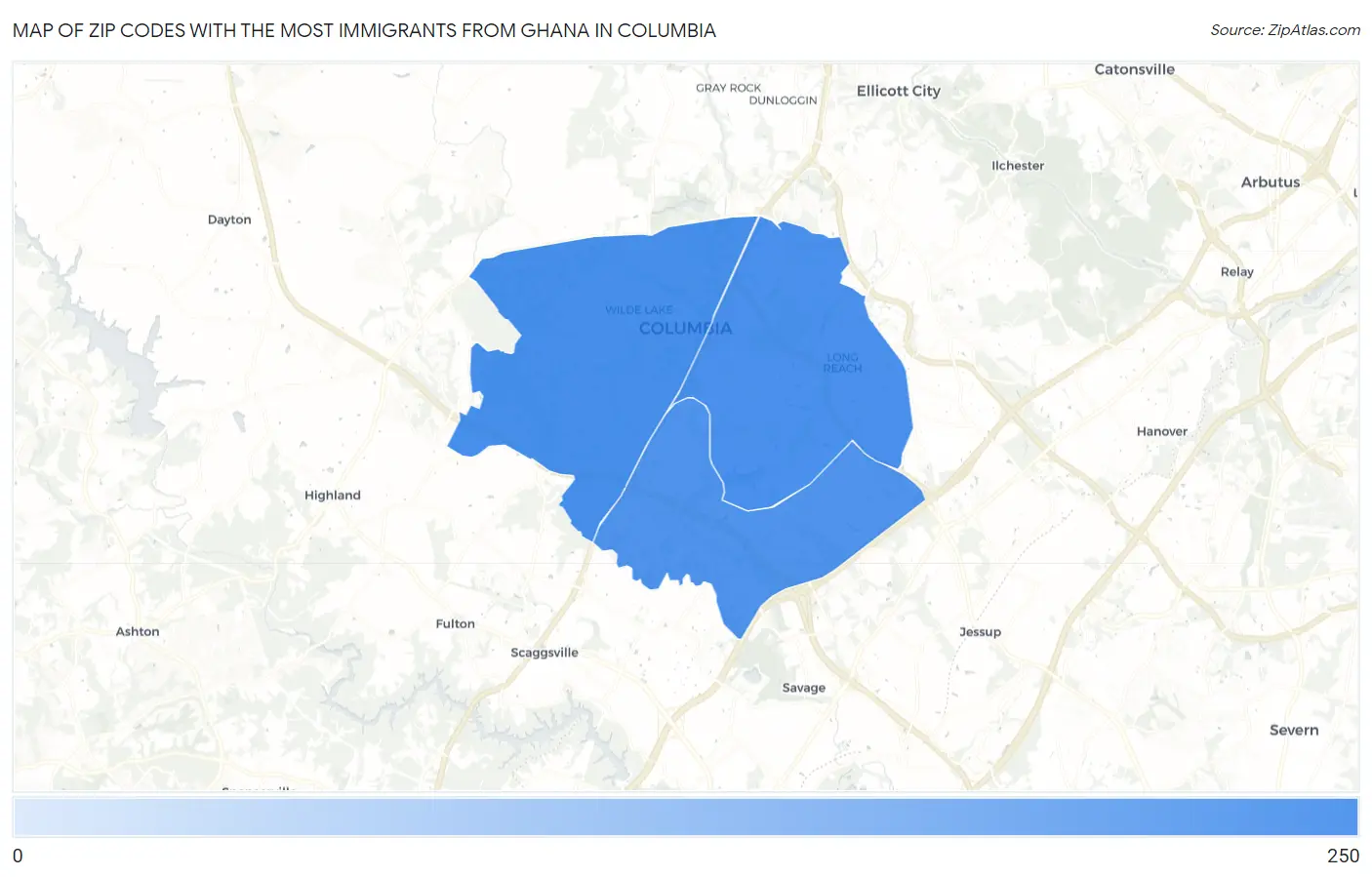 Zip Codes with the Most Immigrants from Ghana in Columbia Map
