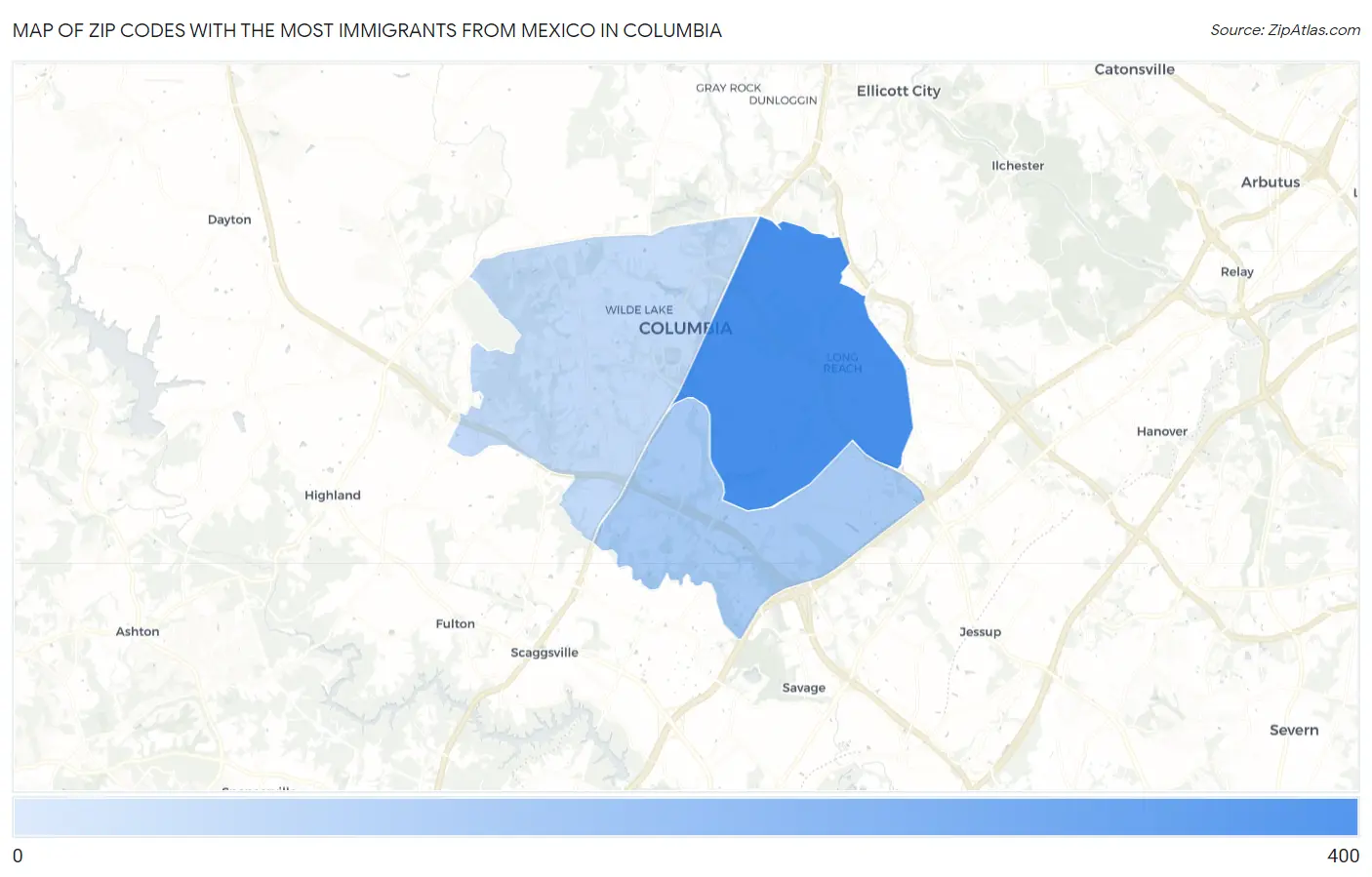 Zip Codes with the Most Immigrants from Mexico in Columbia Map