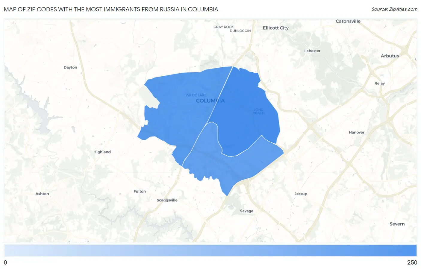 Zip Codes with the Most Immigrants from Russia in Columbia Map
