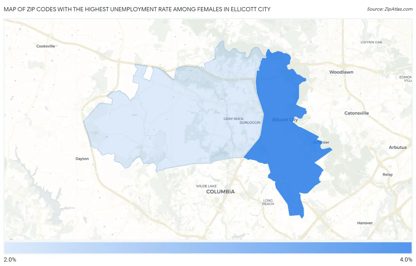 Zip Codes with the Highest Unemployment Rate Among Females in Ellicott City Map