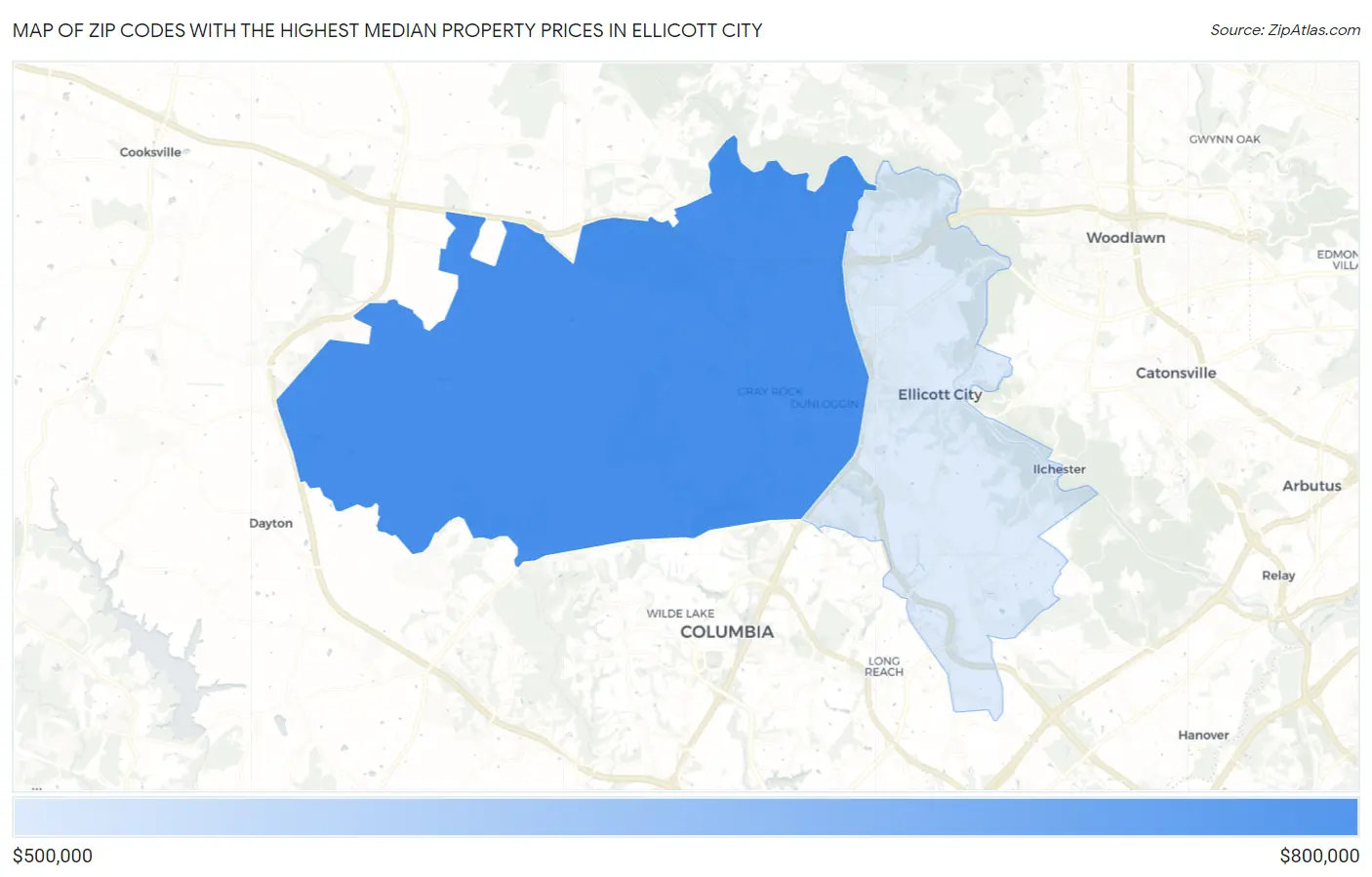 Zip Codes with the Highest Median Property Prices in Ellicott City Map